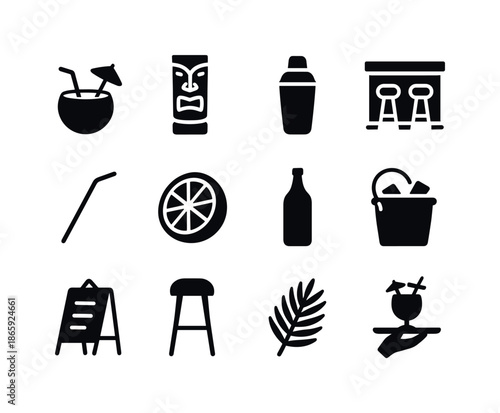 Beach Bar Icons. Beach bar. Solid icon set of beach bar: coconut drink, tiki glass, cocktail shaker, bar counter, straw, garnish slice, bottle, ice bucket,