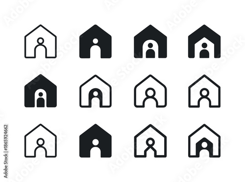 Evacuation Center Logos. Evacuation center. Icon set. Set Logo of evacuation center: shelter building outline. harmonious logo variations of the same