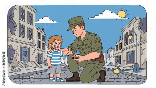 Humanitarian soldier helping injured civilian child in conflict zone, flat vector illustration showing compassion, protection, and military service with humanity, ideal for editorial, peace, and aid