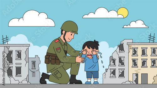 Humanitarian soldier helping injured civilian child in conflict zone, flat vector illustration showing compassion, protection, and military service with humanity, ideal for editorial, peace, and aid