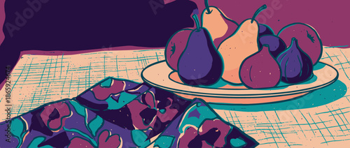 Graphic illustration of a fruit plate with pears and figs on a textured tablecloth in a bold, modern artistic style with a moody purple and orange color palette