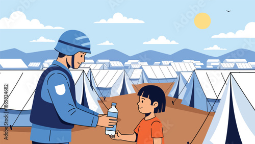 Peacekeeping soldier giving water to refugees, vector illustration highlighting humanitarian military support, compassion, relief effort, and global crisis assistance in clean flat design