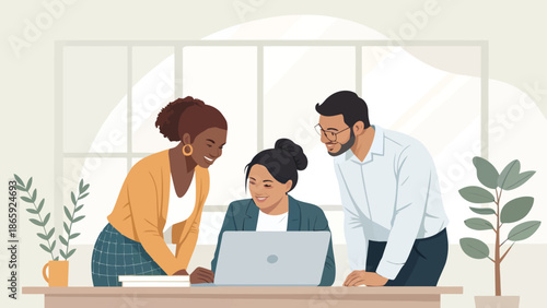 Diverse team collaborating on laptop in modern office setting