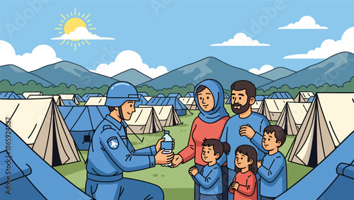 Peacekeeping soldier giving water to refugees, vector illustration highlighting humanitarian military support, compassion, relief effort, and global crisis assistance in clean flat design