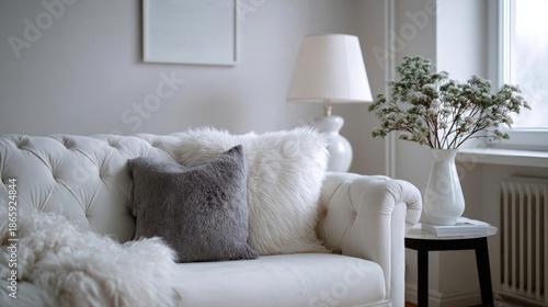Living room with a white sofa in the center. the sofa has a tufted backrest and is covered in fluffy white fur.