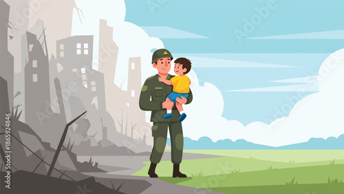 Soldier rescuing child from danger, humanitarian military vector illustration expressing protection, compassion, bravery, and emotional human connection during emergency and conflict situations