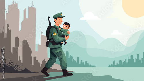 Soldier rescuing child from danger, humanitarian military vector illustration expressing protection, compassion, bravery, and emotional human connection during emergency and conflict situations