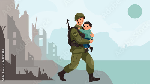 Soldier rescuing child from danger, humanitarian military vector illustration expressing protection, compassion, bravery, and emotional human connection during emergency and conflict situations
