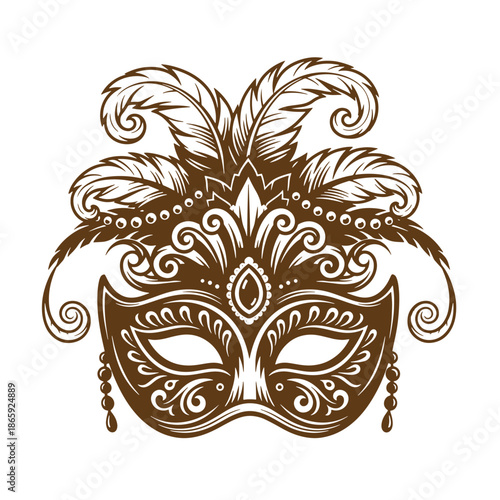 brown and white Venetian masquerade mask with feathers and beads on white background