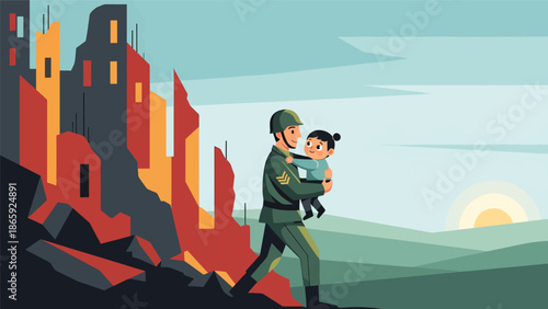 Soldier rescuing child from danger, humanitarian military vector illustration expressing protection, compassion, bravery, and emotional human connection during emergency and conflict situations