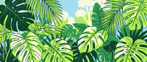 Stylized tropical monstera and palm leaves in a vibrant green color palette, featuring a bold hand-drawn outline style for an exotic summer jungle scene
