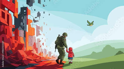 Soldier rescuing child from danger, humanitarian military vector illustration expressing protection, compassion, bravery, and emotional human connection during emergency and conflict situations