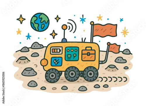 Colorful Lunar Rover. Lunar rover. Colorful Hand-drawn doodle Children illustration Lunar rover cute rover with wheels, moon rocks, craters, small antenna,