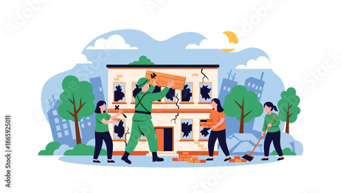 Soldiers rebuilding school with civilians, flat vector illustration symbolizing humanitarian military support, cooperation, recovery, peacebuilding, and shared hope after conflict or disaster