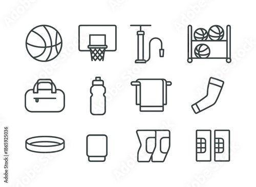 Basketball Gear Icons. Basketball equipment. Line icon set of basketball equipment: basketball, hoop, backboard, pump, ball rack, sports bag, water bottle,