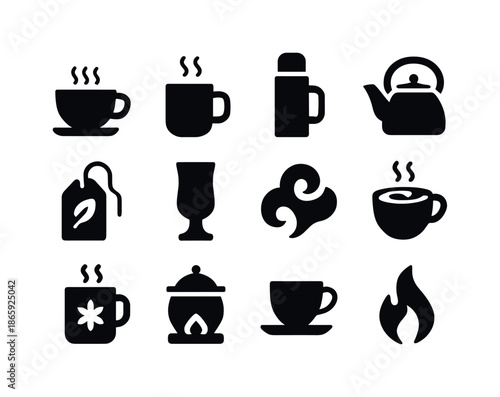 Hot Beverages Icons. Hot Beverages. Solid icon set of Hot Beverages: tea cup, cocoa mug, thermos, kettle, herbal tea bag, latte glass, steam cloud, hot