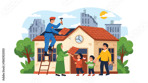 Soldiers rebuilding school with civilians, flat vector illustration symbolizing humanitarian military support, cooperation, recovery, peacebuilding, and shared hope after conflict or disaster