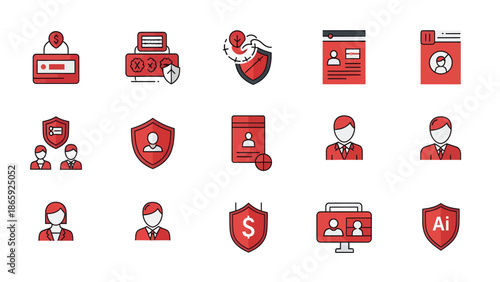Digital Identity and User Security Icon Set, Financial Authentication and AI Protection Vector