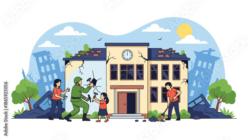 Soldiers rebuilding school with civilians, flat vector illustration symbolizing humanitarian military support, cooperation, recovery, peacebuilding, and shared hope after conflict or disaster