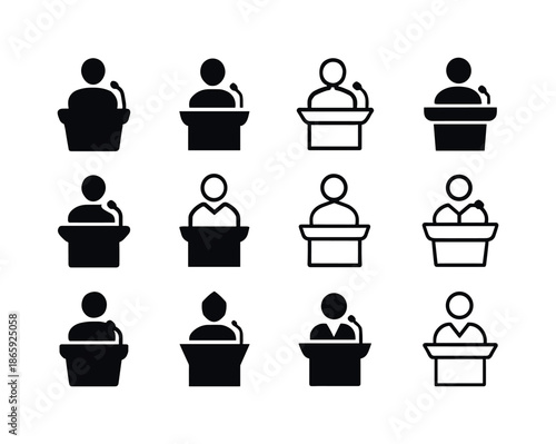 Motivational Speaker Icons. Inspiring speeches or talks in motivational events. Icon set. Set Logo of inspiring speeches or talks in motivational events: