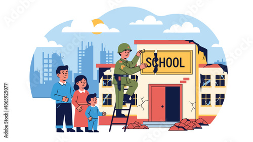 Soldiers rebuilding school with civilians, flat vector illustration symbolizing humanitarian military support, cooperation, recovery, peacebuilding, and shared hope after conflict or disaster