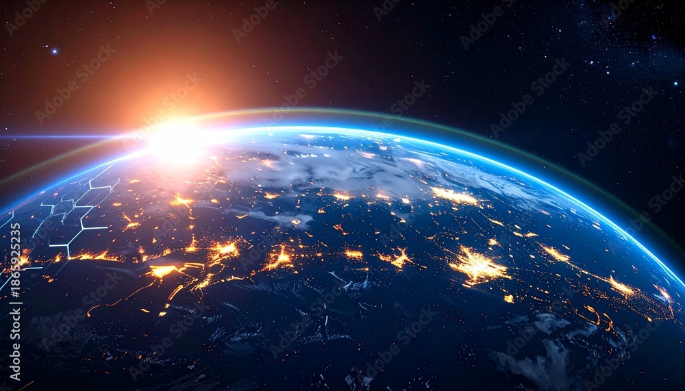 Obraz premium Digitally rendered Earth with hexagonal grid overlay, glowing orange urban lights and blue tech flares on dark space backdrop.