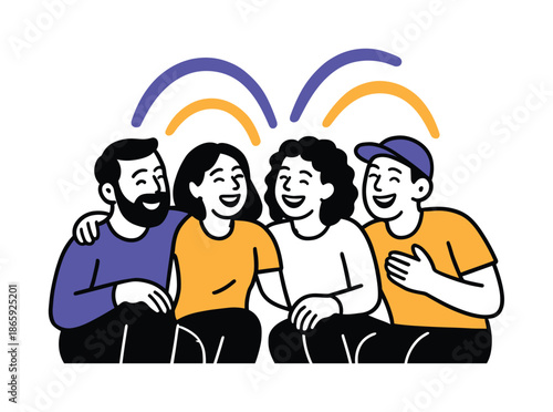 Joyful Gathering Under Arcs. Happy gathering. People lean together with relaxed body language; bright arcs dance above them. Their shared laughter fills the