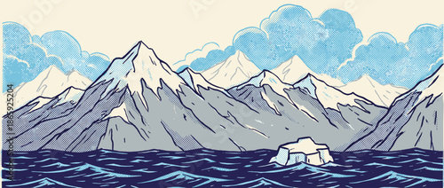 Panoramic illustration of a snowy mountain range and arctic sea with a floating iceberg, rendered in a retro comic book style with bold lines and halftone dot textures