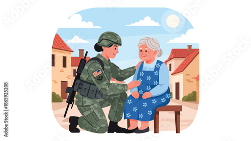 female soldier comforting elderly civilian, vector illustration highlighting empathy, humanity in military service, compassion, protection, and emotional support during crisis situations