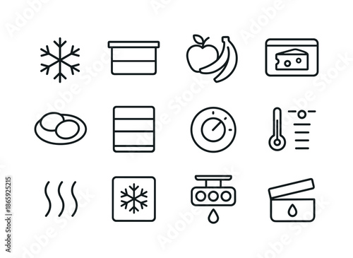 Refrigerator Icon Set. Refrigerator zones. Line icon set of Refrigerator zones: cold zone, medium chill area, produce zone, deli zone, snack area, door