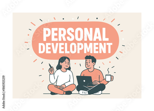 Goal Planning Banner. Personal Development banner, flat vector illustration, bold oversized text inside rounded blob banner, cartoon characters sitting and
