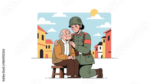 female soldier comforting elderly civilian, vector illustration highlighting empathy, humanity in military service, compassion, protection, and emotional support during crisis situations
