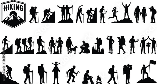 Hiking and trekking silhouette icon set featuring outdoor adventurers, backpackers, mountaineers and camping scenes, black minimalist illustrations for travel, nature and adventure design projects.