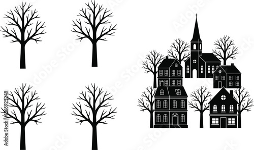 Bare winter tree silhouettes and dark village scene set featuring houses and church, black minimalist vector illustration for autumn, spooky, gothic and seasonal design projects.