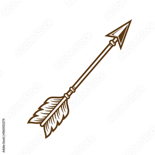 Brown arrow with feather fletching pointing upwards isolated on white background