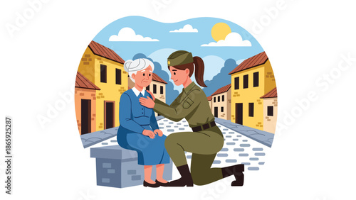 female soldier comforting elderly civilian, vector illustration highlighting empathy, humanity in military service, compassion, protection, and emotional support during crisis situations