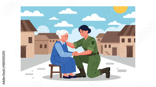female soldier comforting elderly civilian, vector illustration highlighting empathy, humanity in military service, compassion, protection, and emotional support during crisis situations