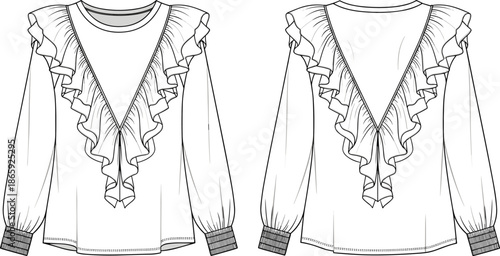 Women’s ruffle blouse fashion flat sketch with front and back views showing long sleeves, V neckline, and elegant feminine details