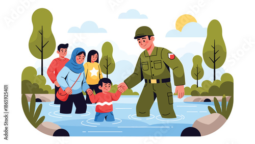 Soldier assisting refugees crossing river, vector illustration expressing humanitarian military service, compassion, protection, rescue effort, and support for displaced civilians