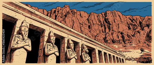 Ancient Egyptian temple facade with monumental pharaoh statues and a lion-headed deity in a graphic, retro comic book style illustration with bold outlines and a limited color palette