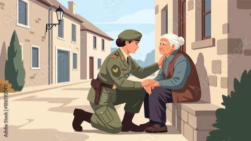 Female soldier comforting elderly civilian, vector illustration highlighting empathy, humanity in military service, compassion, protection, and emotional support during crisis situations