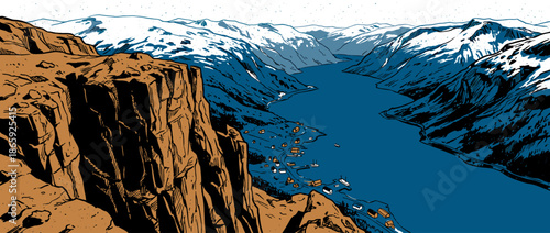 Dramatic fjord landscape illustration with snow-capped mountains and a small coastal village viewed from a high rocky cliff in a bold graphic novel art style
