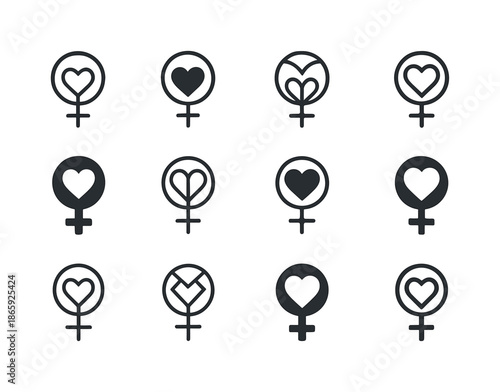 Women's Health Logos. Women?s health rights. Icon set. Set Logo of women?s health rights: female symbol with heart. harmonious logo variations of the same