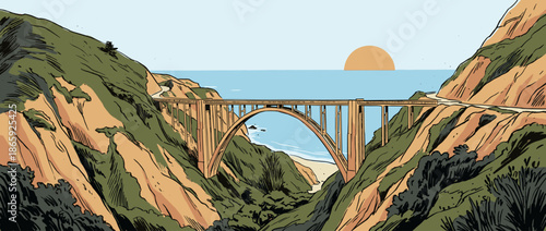 Large arch bridge in a graphic novel style spans a coastal canyon with a scenic highway winding along steep cliffs overlooking the ocean at sunset