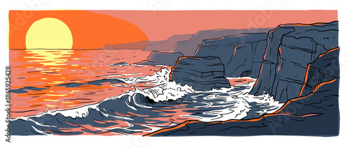 Illustrated rocky coastline with crashing ocean waves during a beautiful warm sunset, a serene and dramatic seascape drawing with a graphic novel art style and bold outlines