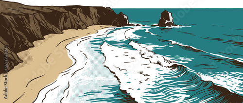 Rocky coastline illustration with a sandy beach and teal ocean waves crashing on the shore in a retro comic book style with halftone dot shading and bold outlines