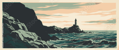 Lighthouse on a rocky coastal cliff illustrated in a vintage screen print style with a choppy sea, dramatic cliffs, and a serene sunset sky with halftone textures