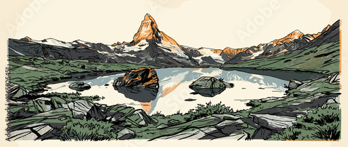 Graphic illustration of a majestic mountain peak reflecting in a calm alpine lake, depicted in a stylized, retro comic art style with bold outlines and a limited color palette