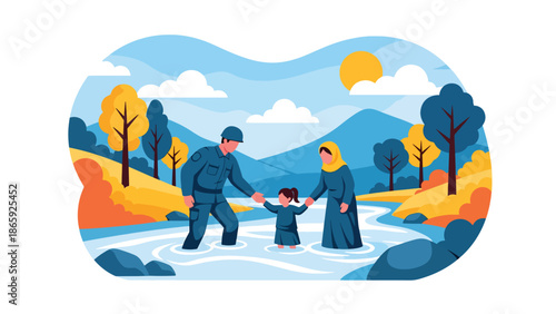 Soldier assisting refugees crossing river, vector illustration expressing humanitarian military service, compassion, protection, rescue effort, and support for displaced civilians