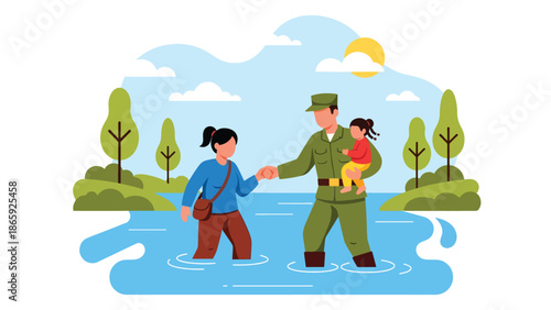 Soldier assisting refugees crossing river, vector illustration expressing humanitarian military service, compassion, protection, rescue effort, and support for displaced civilians